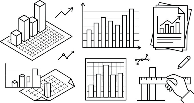 Business financial charts data analytics and report line icon set