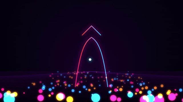 Neon parabolic arcs rising above abstract glowing particles in dark space during celebration