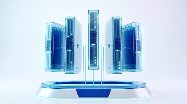 Server rack cluster floating on a pedestal representing reliable data center infrastructure and scalable cloud hosting architecture for enterprise level computing technology solutions