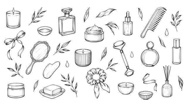 Hand-drawn beauty and skincare sketch collection featuring cosmetics, aroma diffusers, and natural botanical leaf elements in black outline style
