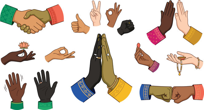 Diverse Hand Gestures Set Including Namaste, Handshake, Fist Bump, Mudra, High Five, and Cultural Ritual Signs Isolated Vector Illustration
