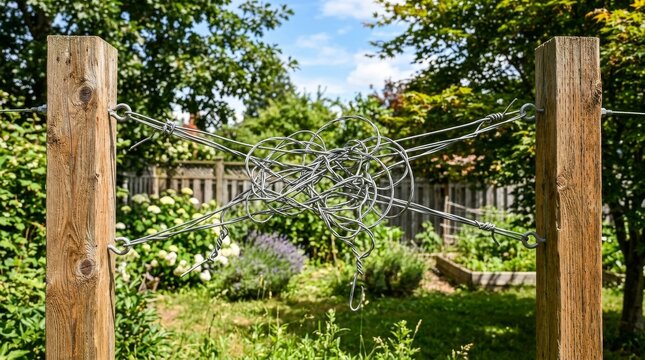 Complex tangled metal wire knot stretched between two wooden pillars in a sunny backyard garden, representing confusion, technical problems, mess, and the challenge of finding a solution.