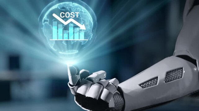 A futuristic robot hand hovers over a globe displaying a cost graph, symbolizing the intersection of technology and business analytics in a modern setting. Salient