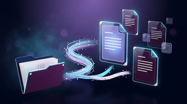 Digital file folders transferring through glowing fiber optic lines representing secure document management and efficient data migration in professional computing technology systems