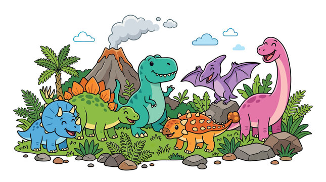 Cute Cartoon Dinosaurs in Prehistoric Landscape