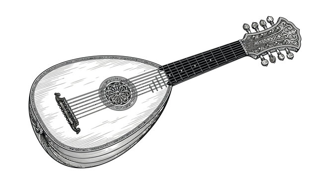 Detailed vector illustration of a vintage mandolin string instrument featuring intricate engraving and black ink