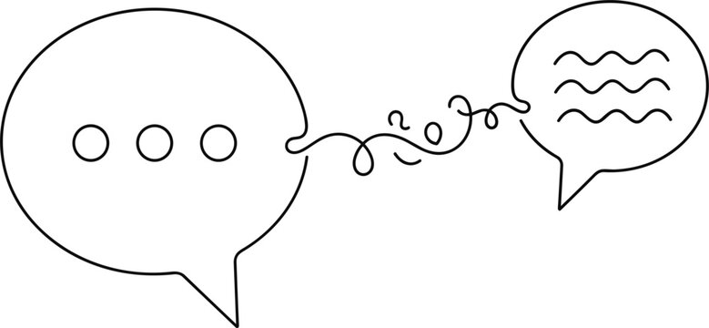PrintMinimalist continuous line art vector illustration of two speech bubbles connected by tangled thread symbolizing communication concept