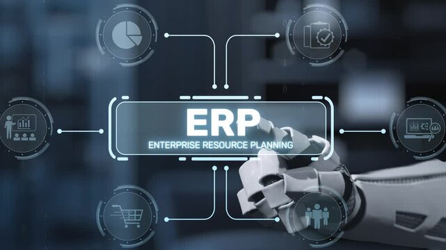 A robotic arm interacts with visually represented ERP concepts, showcasing the intersection of technology and enterprise resource planning in a modern business setting. Salient
