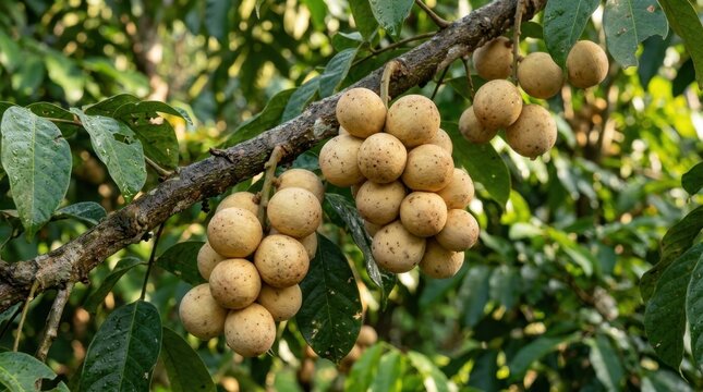 Fresh langsat fruit hanging in clusters from a tree branch in a tropical orchard under natural sunlight