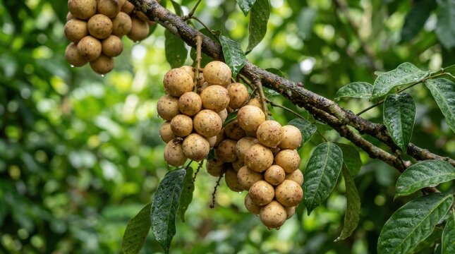 Bunches of ripe langsat fruit hang on a tree branch covered in water droplets after a rain shower