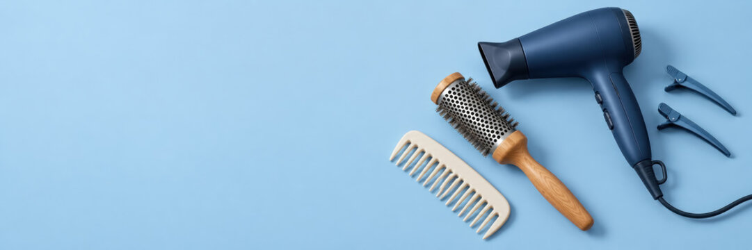 Hair dryer, brushes, comb, and hair clips arranged on a blue background for a home beauty and personal care concept.