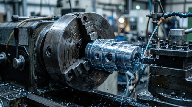 Industrial metal lathe machine cutting a steel part in a modern manufacturing workshop factory for heavy mechanical engineering production