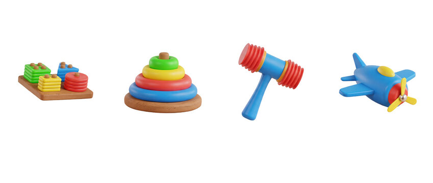 Colorful wooden toys set, stacking rings, toy hammer and airplane. Early childhood education objects isolated on Transparent Background