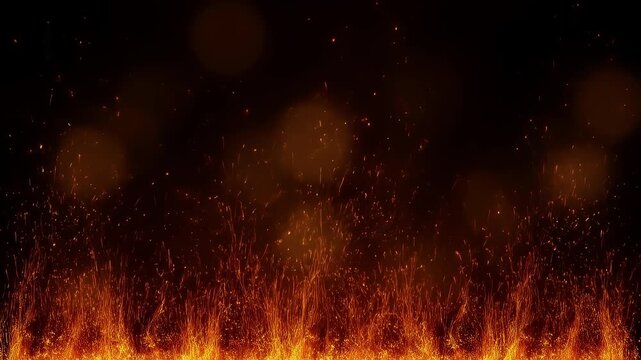 Fire sparks and embers rising from bottom against dark bokeh background