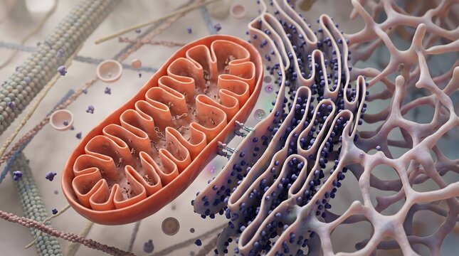 Detailed 3d illustration of mitochondrion and endoplasmic reticulum