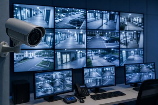 Security control room with multiple monitor screens and surveillance camera