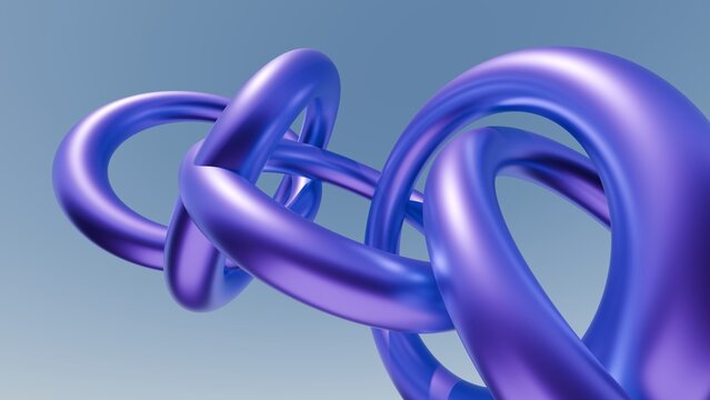 Abstract 3D render of purple-blue metallic interlocking rings floating in sky. Perfect for modern tech backgrounds, creative digital art, and abstract graphic design projects