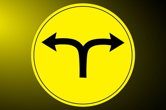 Yellow split direction road sign arrows icon isolated on white background