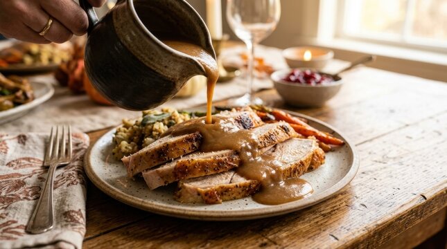 Gravy being poured from a pitcher onto sliced roasted turkey breast and stuffing on a rustic dining table