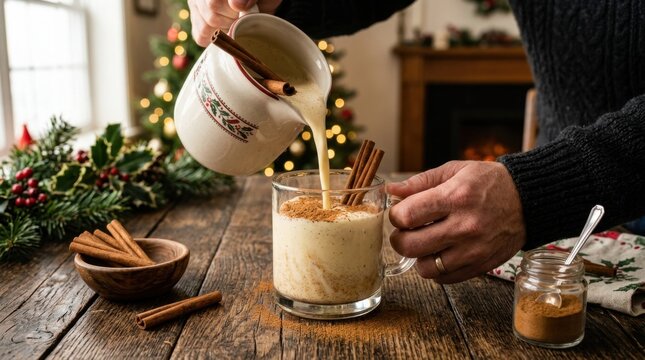 Man pouring eggnog into a mug with cinnamon sticks on a rustic wooden table during Christmas celebration