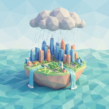 Low poly floating city island with cloud and waterfalls