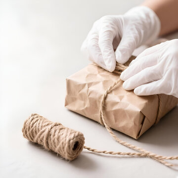 Hands in white gloves wrapping a commercial parcel with eco-friendly craft paper and jute twine. Sustainable product packaging, shipping and delivery concept.