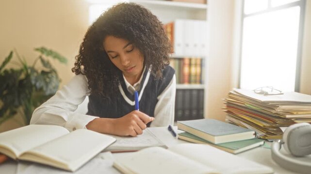 Woman writing with pen at study desk surrounded by books, folders and headphones in a building; concentration study diligence.