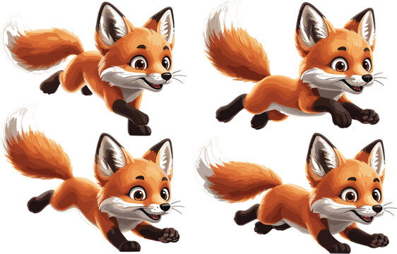 Running fox cartoon character sprite sheet, cute animal animation poses vector