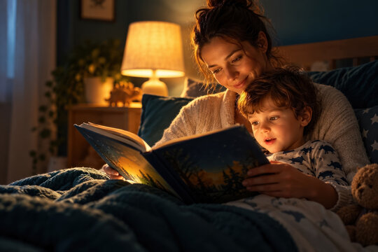 Mother and young boy read a picture book together in a cozy bedroom at night. Warm lamp light creates a calm family bedtime moment.