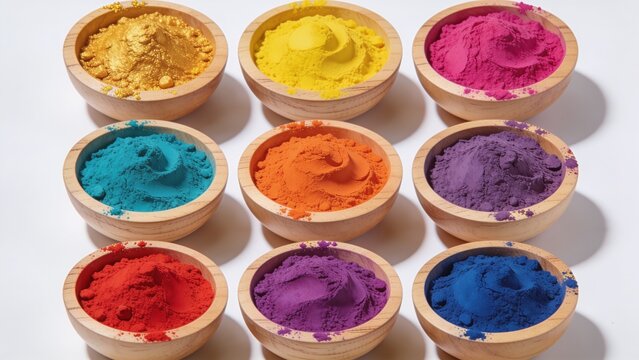 Vibrant organic pigments displayed in wooden bowls arranged in a grid for textile manufacturing and cosmetic production in the chemical industry for color consistency and product development