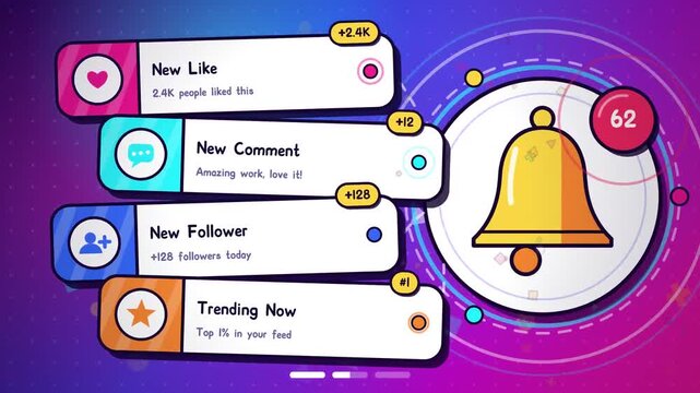 Social media notification cards cascading with bell icon and red badge counter, bold vector motion graphics loop on neon magenta blue background