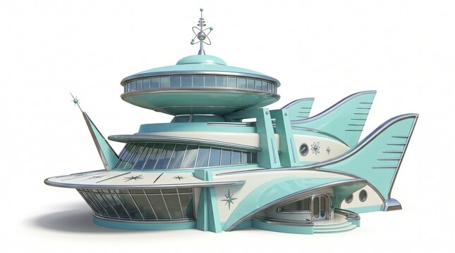 Retro futuristic space age building with mid century modern Googie architecture style isolated on a white background