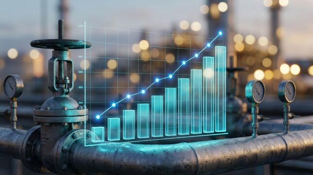 Utility price growth and rising energy demand shown with a glowing chart over industrial machinery.