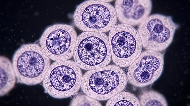 Microscopic view of biological cells with purple nuclei in cluster