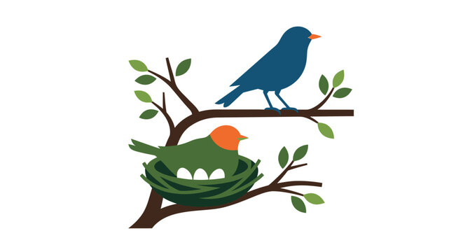 Birds nesting on a branch are depicted in a flat vector illustration