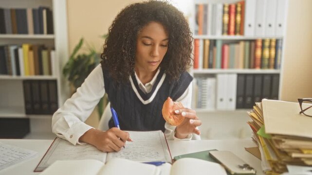 Woman writing notes with pen and holding pastry while studying at desk in building; concentration productivity.