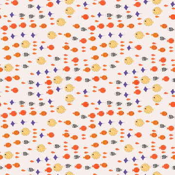 Cartoon fish and stingray seamless pattern