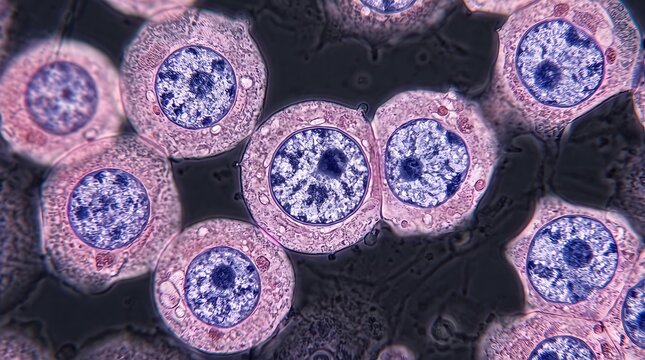 Microscopic view of biological cells with visible nuclei