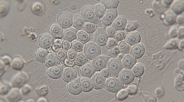 Microscopic view of biological cell cluster showing nuclei and membranes