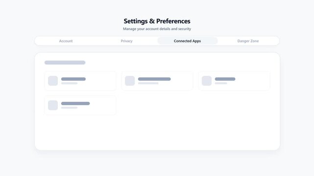 Animasi navigasi tab bergaya terang (light style) untuk menu Account, Privacy, Connected Apps, dan Danger Zone. Menampilkan transisi efek gelombang ai.