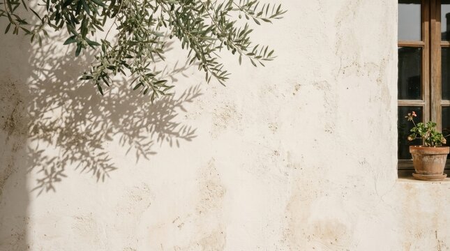 Olive tree branches cast shadows on a rustic white stucco wall with a wooden window and potted plant