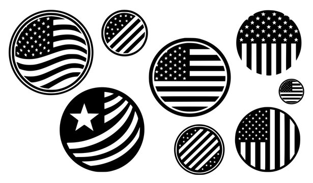 Black and white USA flag circular icon collection with minimalist patriotic American symbols for vector design projects