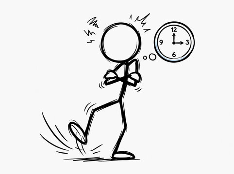 Anxious stick figure tapping foot impatiently next to clock waiting for deadline.