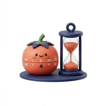 3D clay illustration of a pomodoro timer and hourglass centered
