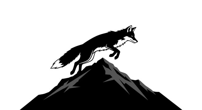 Black fox leaping over mountain peak, isolated silhouette, dynamic action