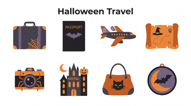 Halloween travel concept icon set containing icons for suitcase passport airplane map camera hotel handbag and moon for autumn vacation