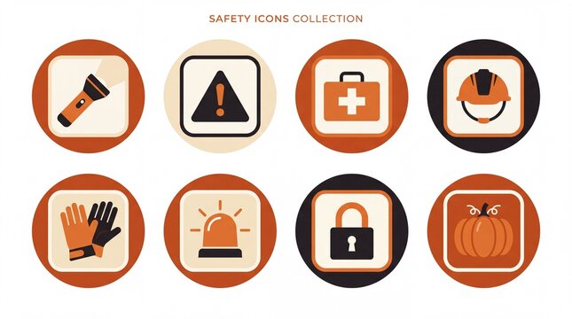 Industrial safety and risk management solid icon set containing icons for Flashlight Hazard Warning First Aid Kit Hard Hat Protective Gloves Alarm Siren Padlock and Pumpkin for workplace