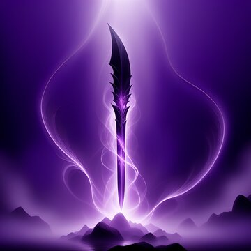 Mystical blade descends upon a purple landscape, radiating power and magic, perfect for fantasy projects, game design, or captivating book covers