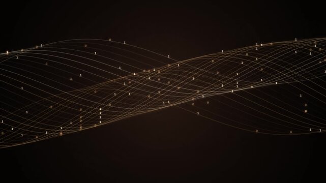 Digital Binary Code Data Flow Background with Glowing Golden Wave Lines and Floating Binary Numbers
