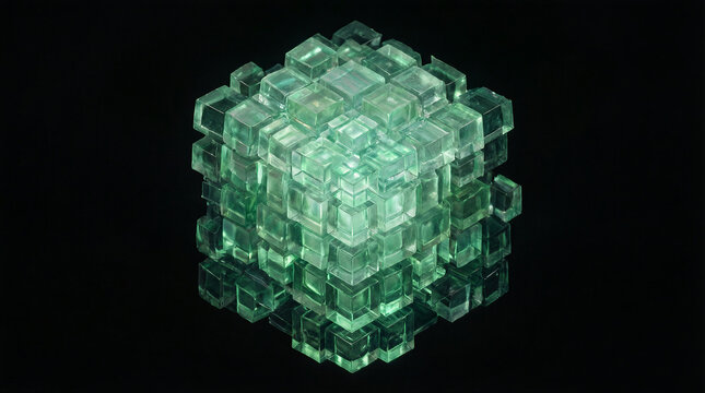 Emerald glowing translucent cubes arranged in a complex geometric structure against an infinite dark void background